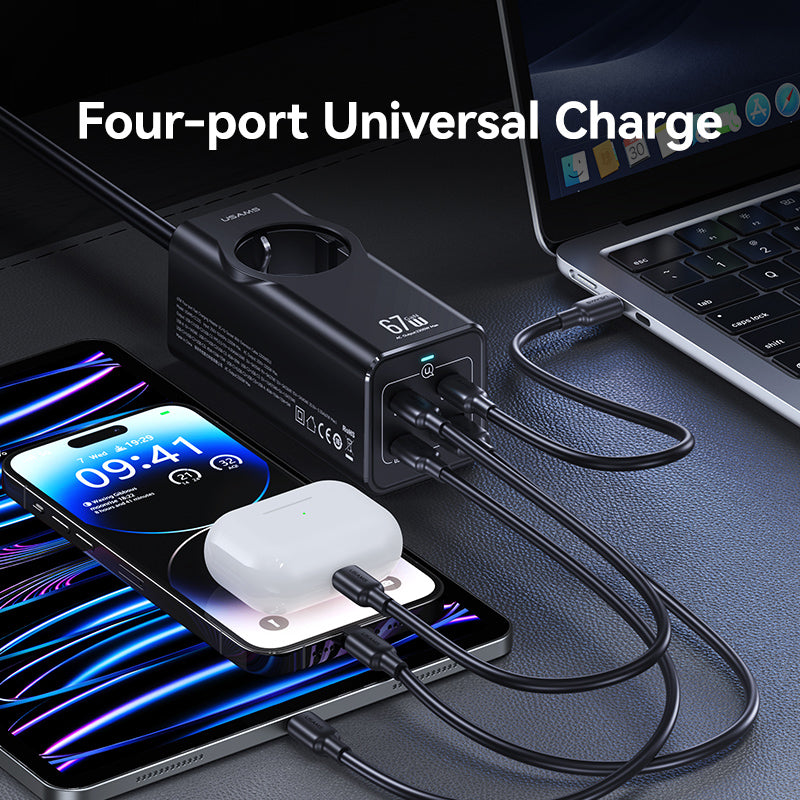 67W 4-port Fast Charging Adapter 3 Type-C+1 USB Socket with Extension Cable 2200W (EU Plug) 67W 4-port Fast Charging Adapter 3 Type-C+1 USB Socket with Extension Cable 2200W (EU Plug)